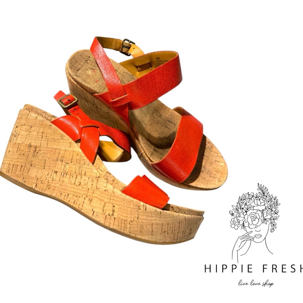 Kork-Ease Orange Wedge Leather Cork Sandals 8M